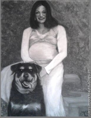 femme enceinte et son chien, crayon,fusain et craie sur toile (45x61)